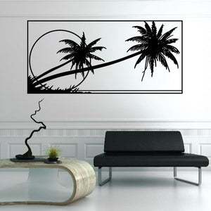 Tropical palm tree wall decal with large sunset circle and curved horizon line