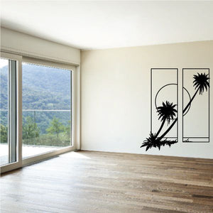 Wall decal with black palm trees and circular sunset design in two panels