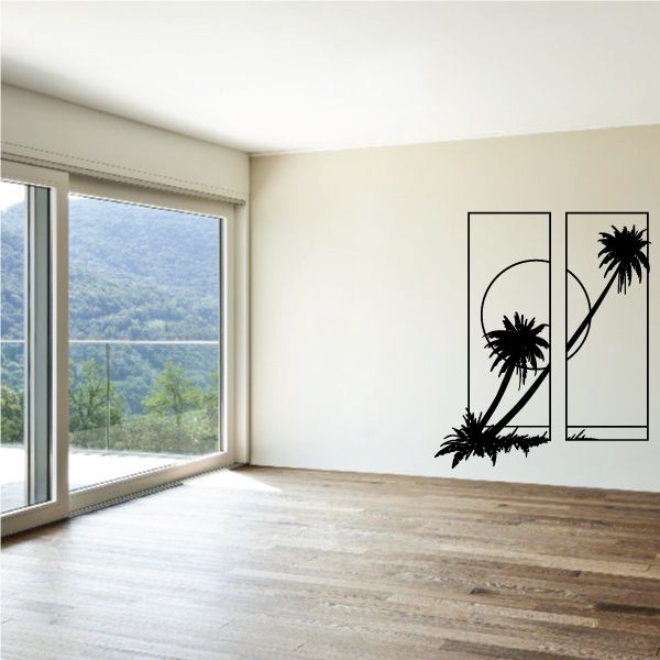 Wall decal with black palm trees and circular sunset design in two panels