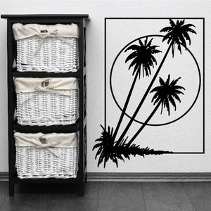 Palm tree vinyl wall decal with black silhouettes on white square