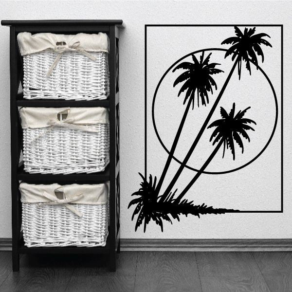 Palm tree vinyl wall decal with black silhouettes on white square