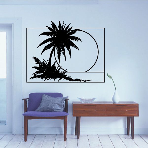 Palm tree and sunset wall decal, black palm silhouettes with circular sun outline.