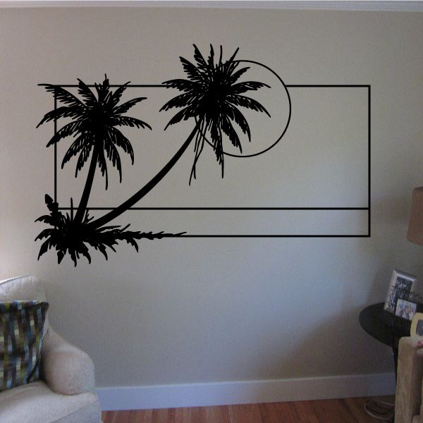 Black palm tree vinyl wall decal with sunset circle motif