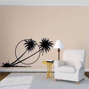 Palm tree wall decal with curved vine line and two palm silhouettes