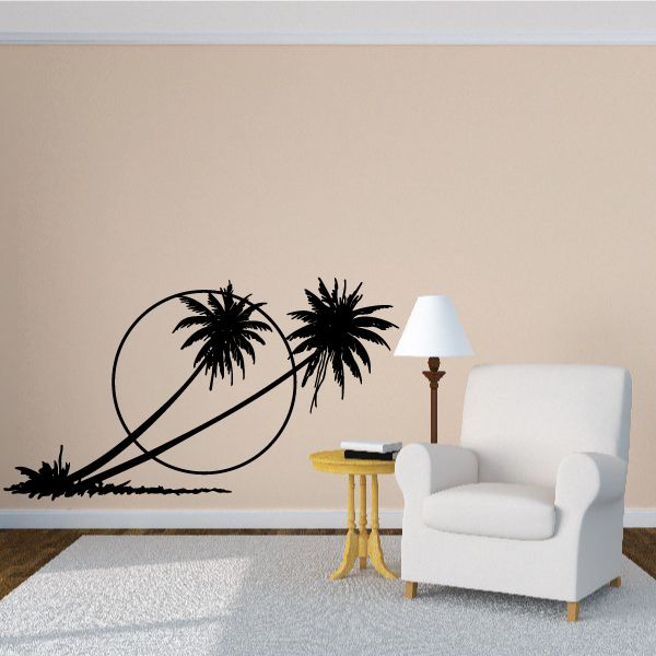 Palm tree wall decal with curved vine line and two palm silhouettes