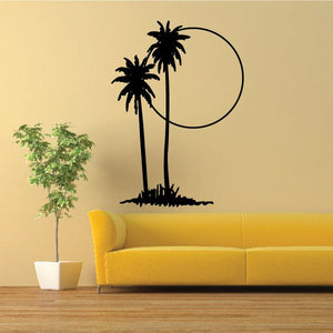 Vinyl wall decal with black palm trees and a large circular sunset outline