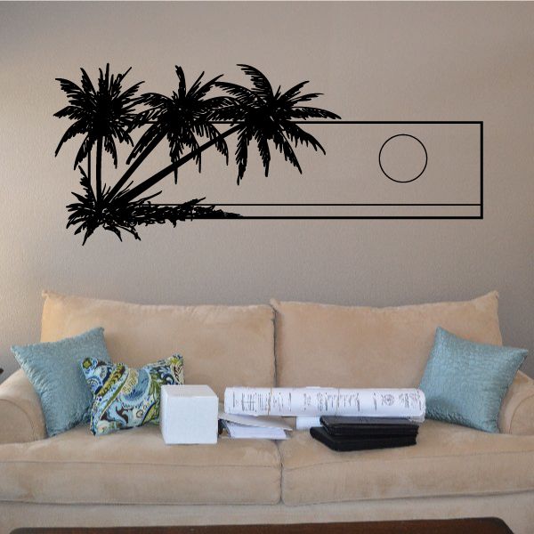 Vinyl wall decal with palm trees and a sunset-style banner frame with circle