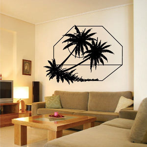 Palm tree vinyl wall decal with black silhouettes in a hexagon outline
