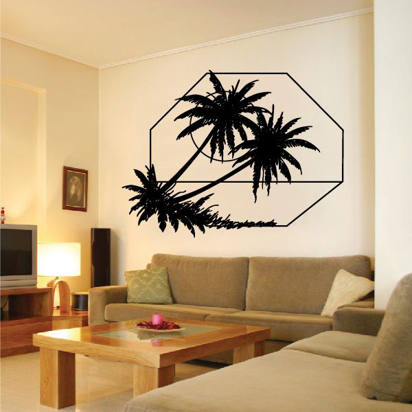 Palm tree vinyl wall decal with black silhouettes in a hexagon outline