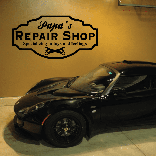 Papa's Repair Shop wall decal, black and gold script with tools and quote
