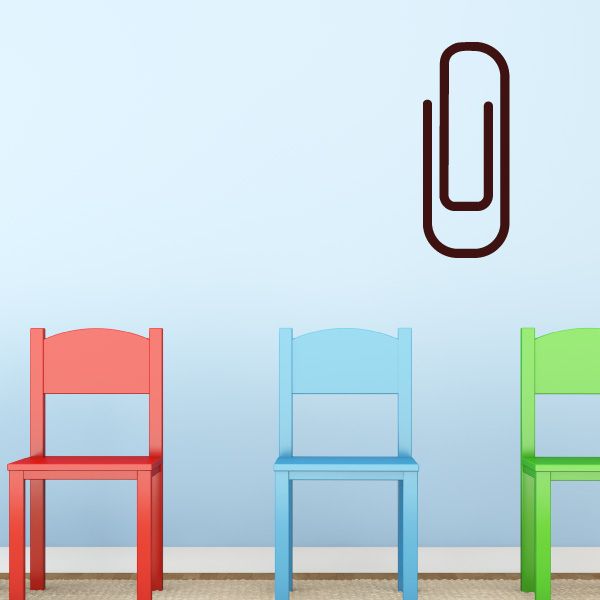 Maroon paper clip wall decal with rounded rectangular loop and open clip shape