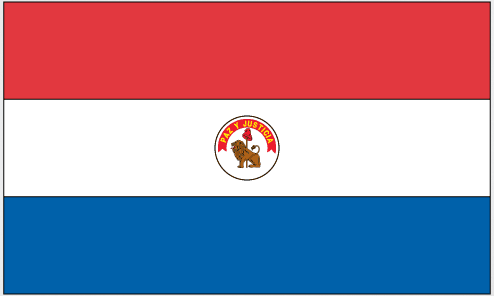 Paraguay flag sticker, rectangular red-white-blue with circular coat of arms emblem