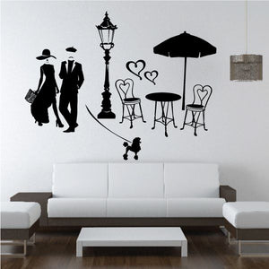 Black cafe character wall decal set: couple, lamp, table, umbrella, chairs, hearts