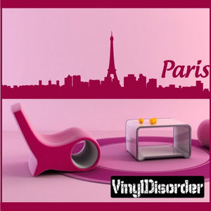 Paris skyline wall decal with Eiffel Tower silhouette and script text