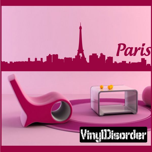 Paris skyline wall decal with Eiffel Tower silhouette and script text