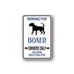 Parking sign wall decal with boxer dog silhouette, blue text 'PARKING FOR BOXER' and 'OWNERS ONLY'