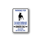 Parking sign wall decal with blue text Parking for Doberman, doberman silhouette, and arrows