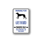 Rectangular vinyl sticker sign: blue text, black dog silhouette, owners only arrow