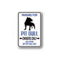 Die-cut parking sign sticker with black pit bull silhouette and blue text, white background