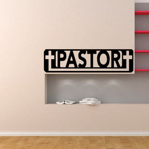 Black rectangular decal with cross and stylized 'PASTOR' lettering
