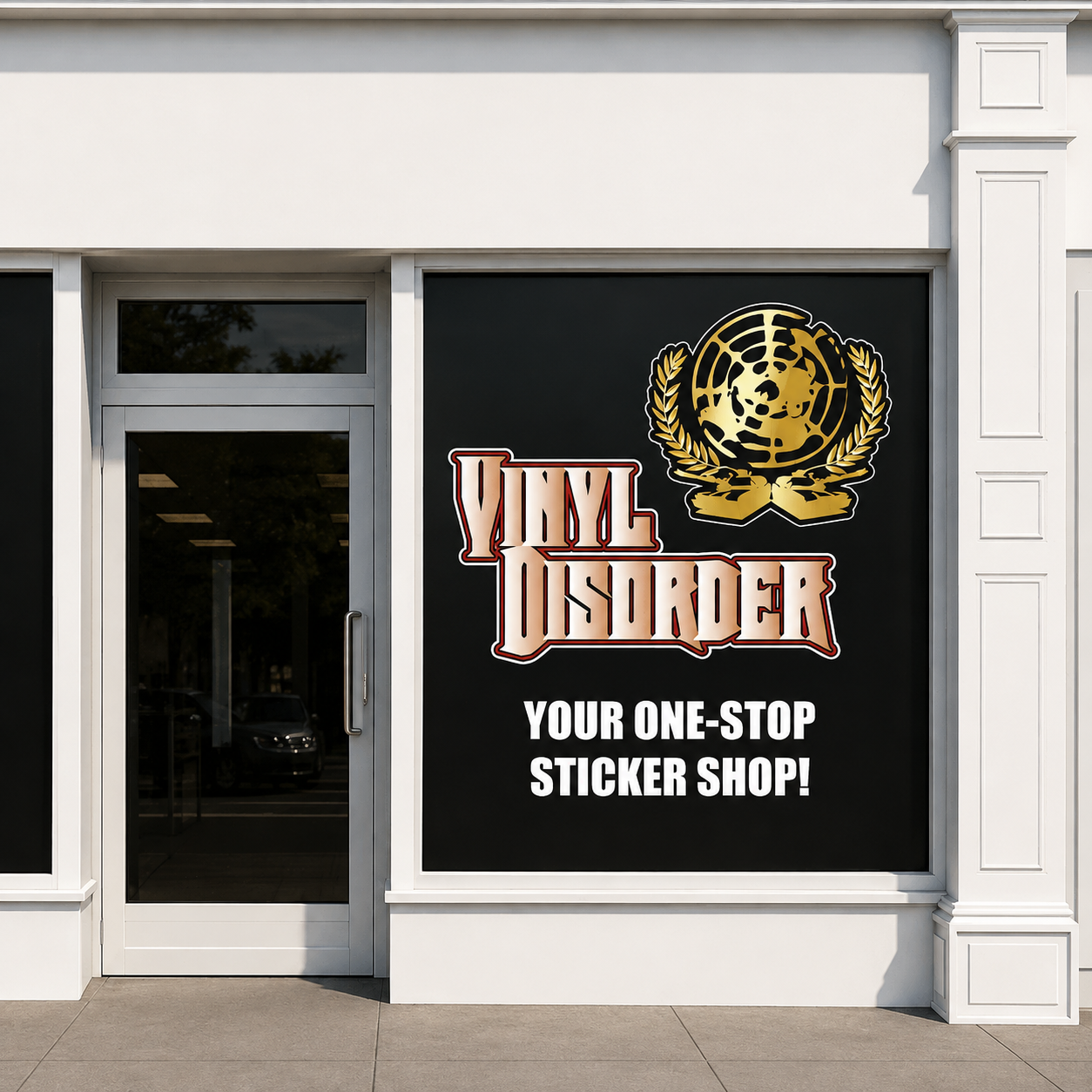 Printed die-cut business logo decal with gold emblem and red/white text on dark backing