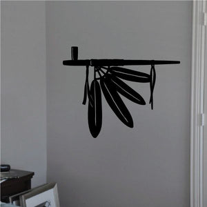 Black peace pipe wall decal with hanging feather charms and crossbar
