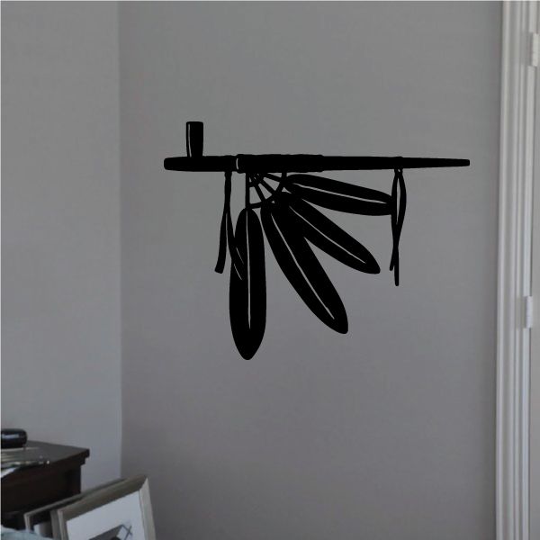 Black peace pipe wall decal with hanging feather charms and crossbar