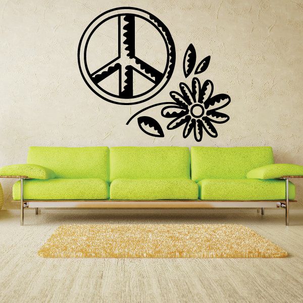 Peace sign and flower wall decal with petals and leaves, black design
