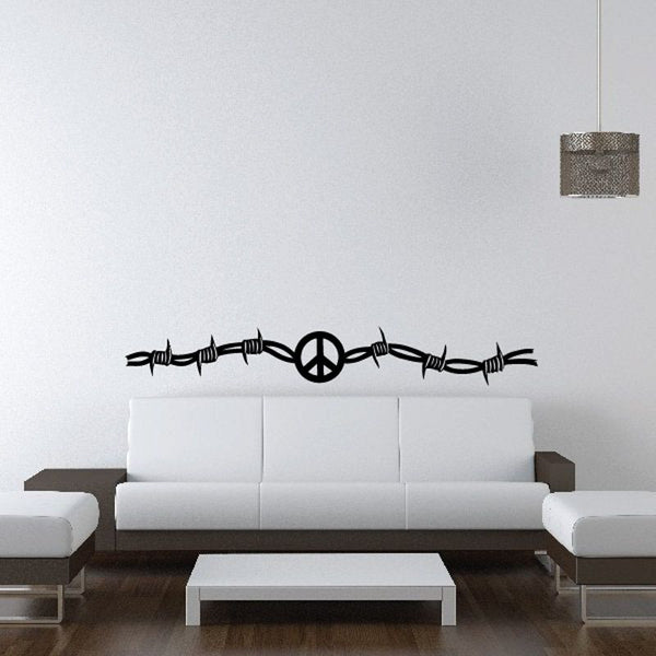 Peace sign barbed wire decal with peace symbol centered and barbed wire looped around