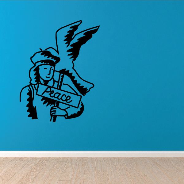 Dark blue peace protestor decal: rabbit figure holding 'Peace' sign