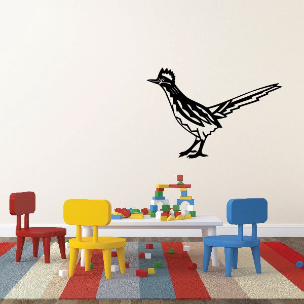 Peeking road runner decal: black-and-white bird graphic with long wings