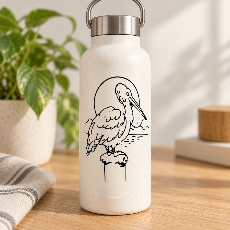 Pelican bird line-art vinyl decal, black outline on light background