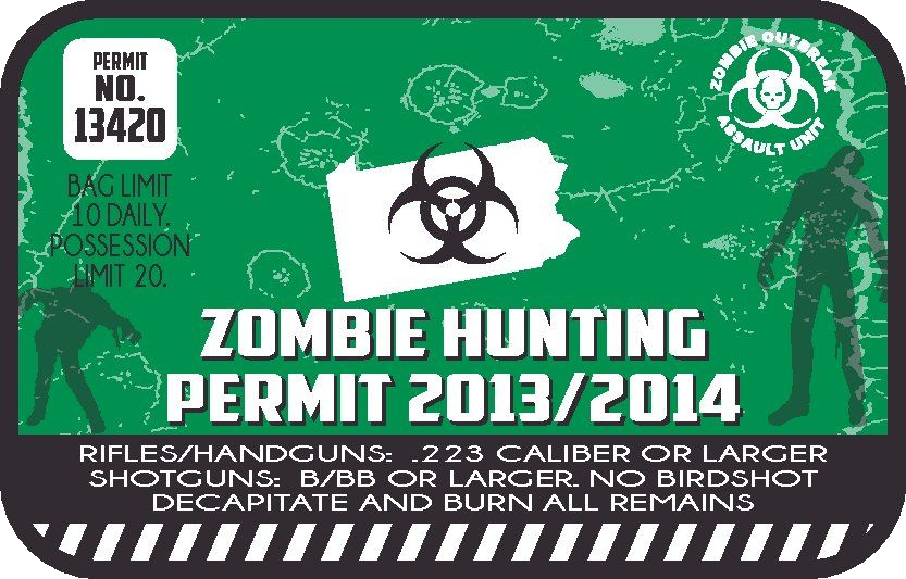 Zombie hunting permit sticker, green with biohazard emblem and printed permit text and year