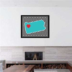 Chevron pattern sticker with teal banner and red heart inside black frame