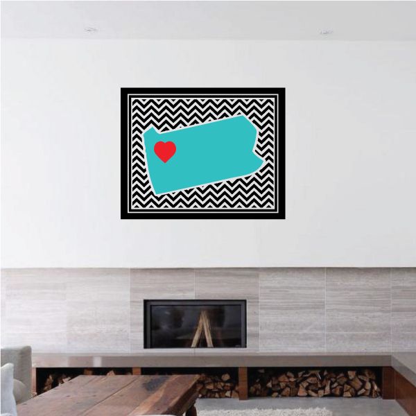 Chevron pattern sticker with teal banner and red heart inside black frame