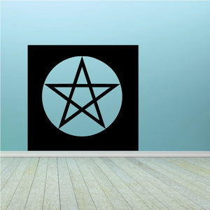 Square pentagram decal with circular emblem, black pentagram on light blue background