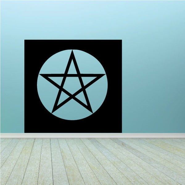 Square pentagram decal with circular emblem, black pentagram on light blue background