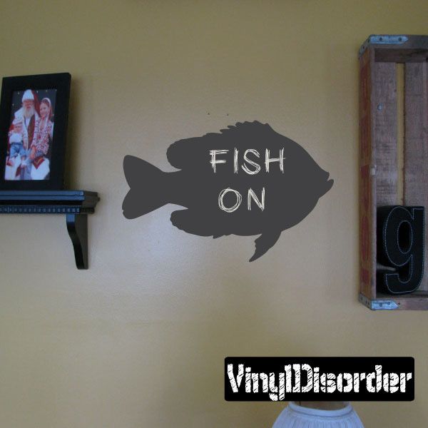 Fish chalkboard decal with "FISH ON" text, dark gray black