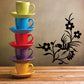 Black rooster and flower wall decal with leafy stems and blossoms.