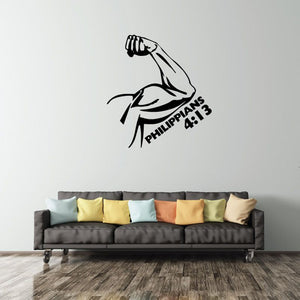Philippians 4:13 strength wall decal with raised arm and banner lettering