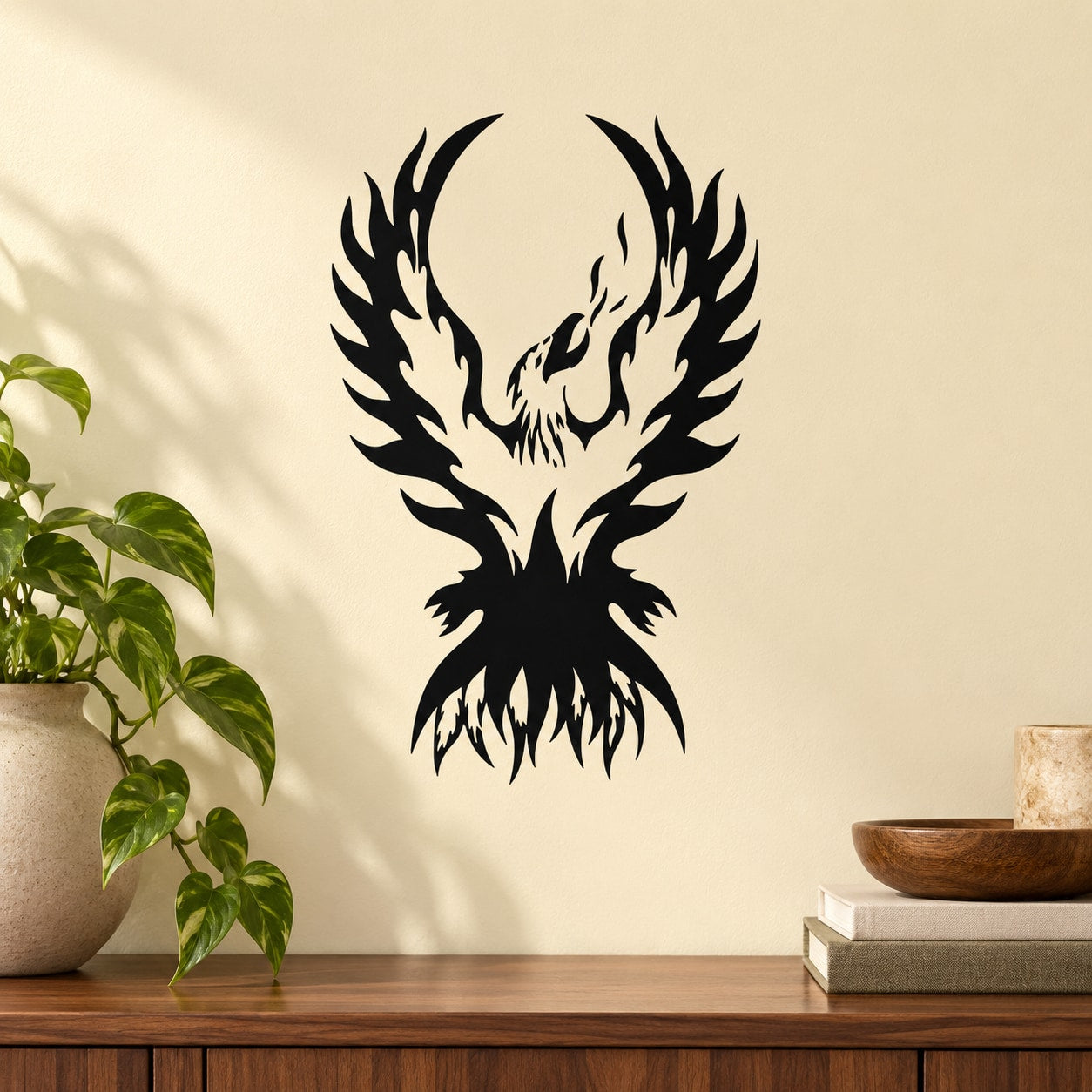 Black phoenix wall decal with wings spread