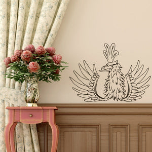Crested bird wall decal with round feather body and wings spread, black outline