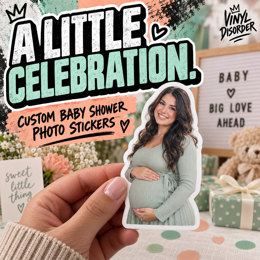 Custom baby shower photo sticker featuring a smiling pregnant woman