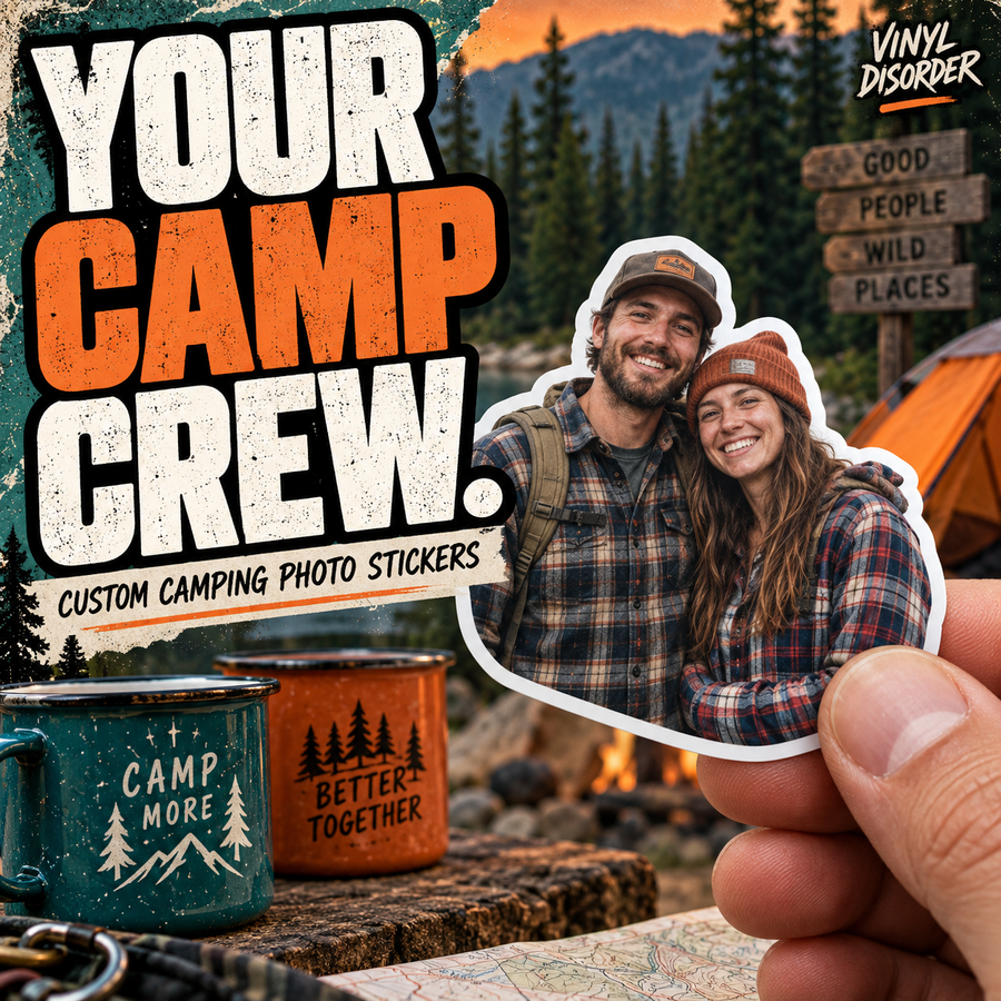 Custom camping photo sticker with smiling couple and bold 'Your Camp Crew' text