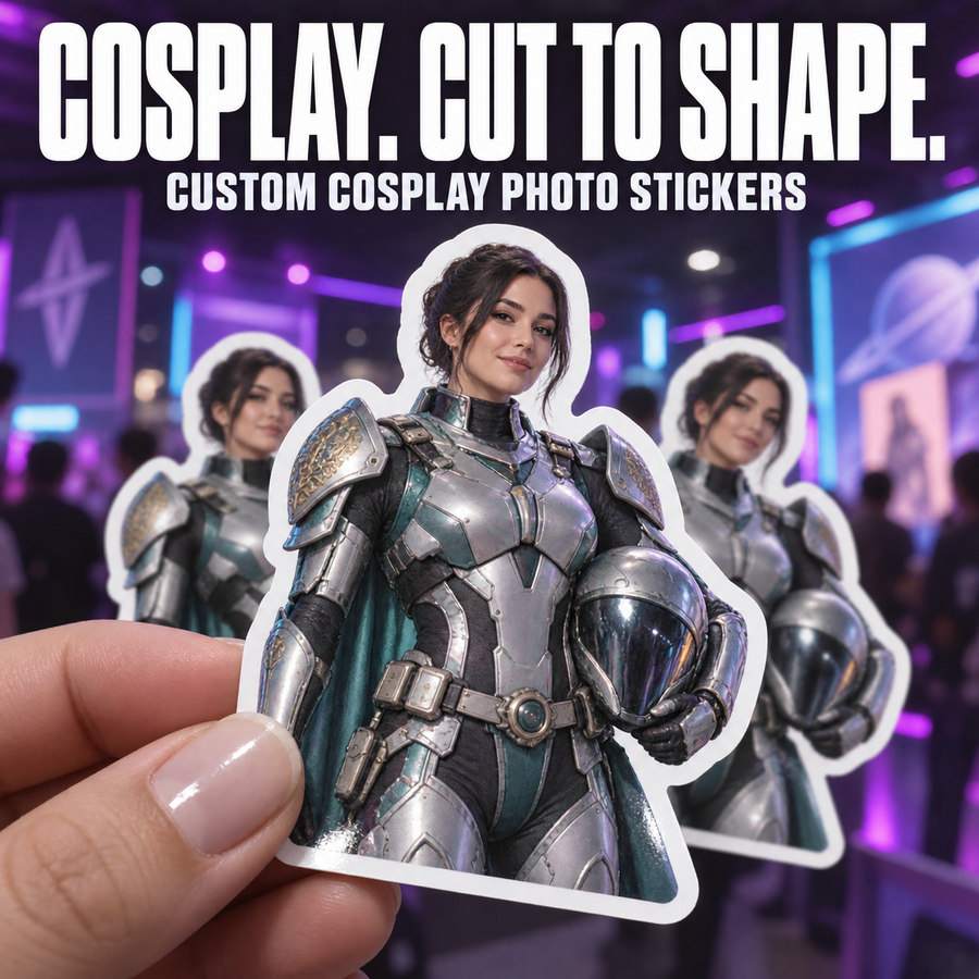 Cosplay photo sticker of a woman in teal and silver armor with a white border