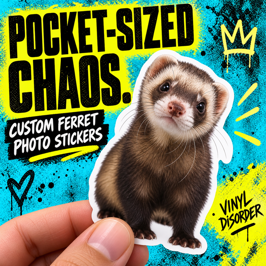 Custom photo sticker of a brown ferret on a white die-cut backing