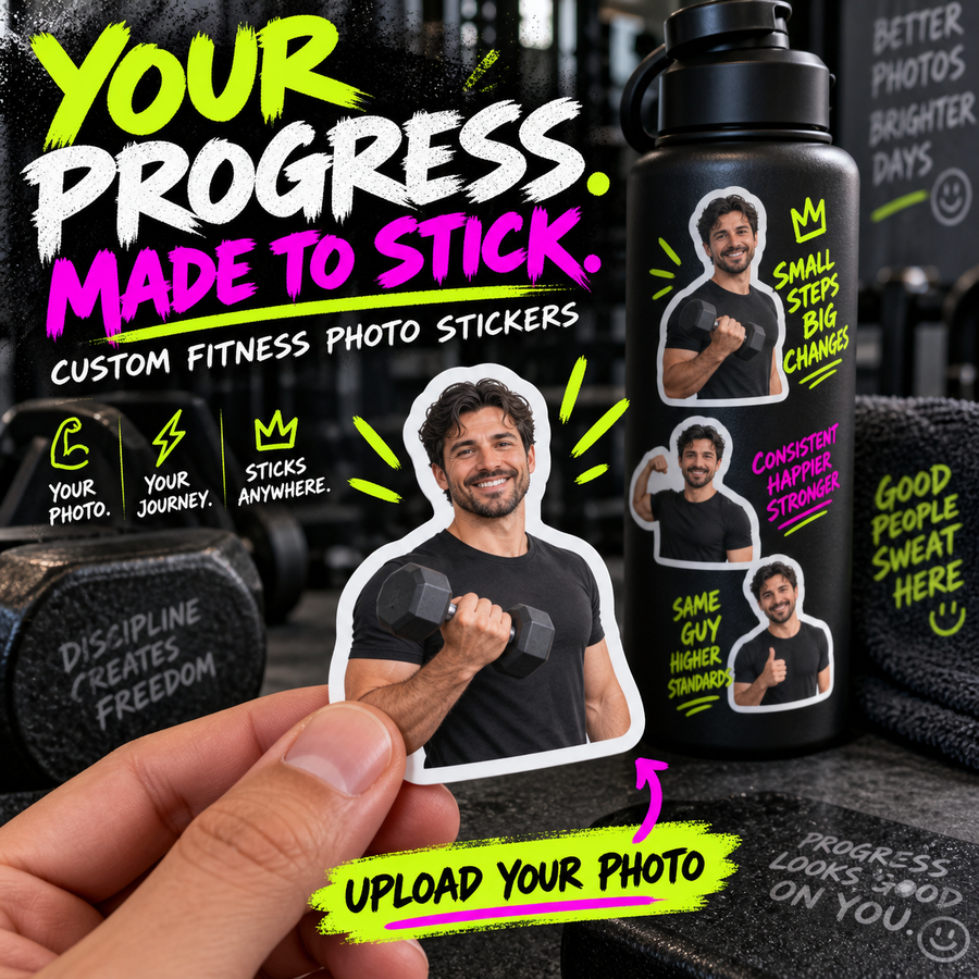 Custom fitness photo stickers: hand holding a die-cut photo sticker, several character stickers