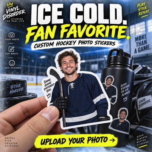 Custom hockey photo sticker featuring a die-cut player portrait in a dark jersey