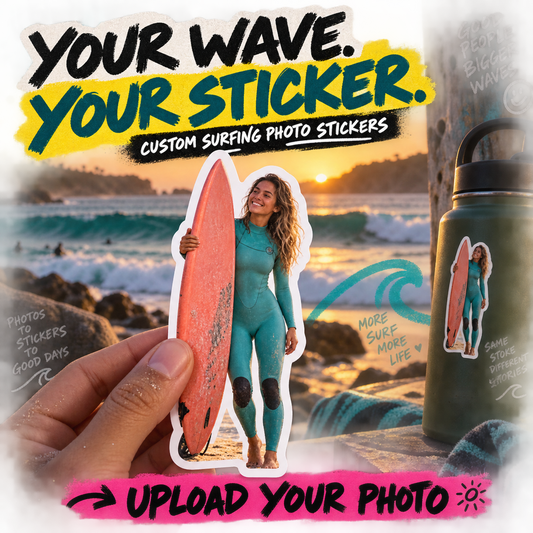 Custom surfing photo sticker of a woman holding a red surfboard