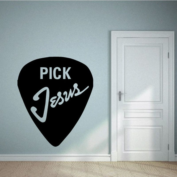 Black guitar-pick decal with 'PICK' and 'Jesus' lettering